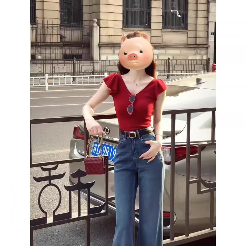 法式小飞袖红色冰丝针织短袖T恤女夏季独特漂亮掐腰修身显瘦上衣