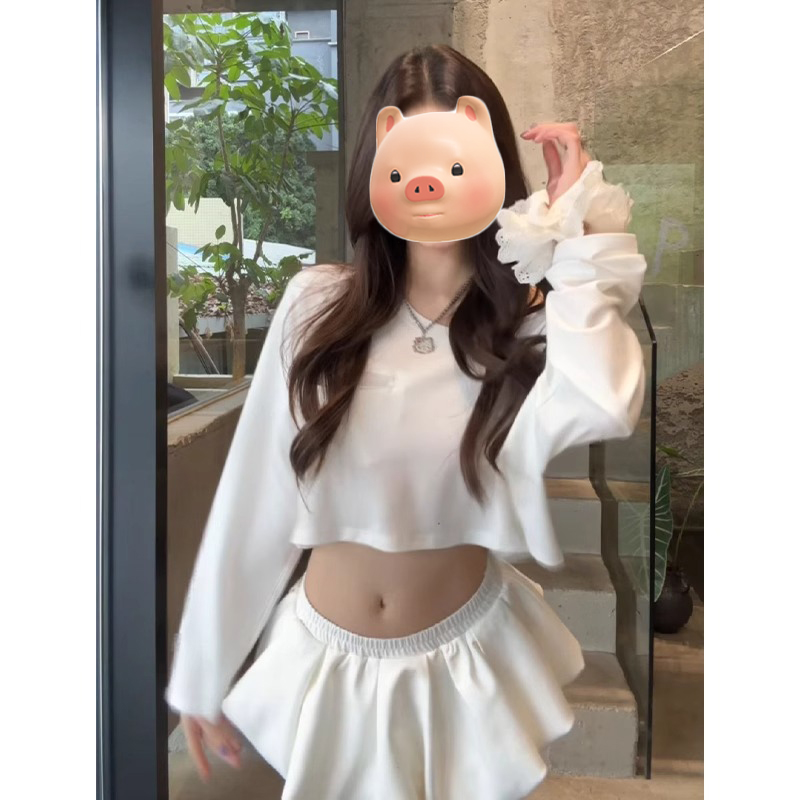 白色圆领长袖防晒T恤女夏季薄款外搭宽松空调衫微透辣妹短款上衣