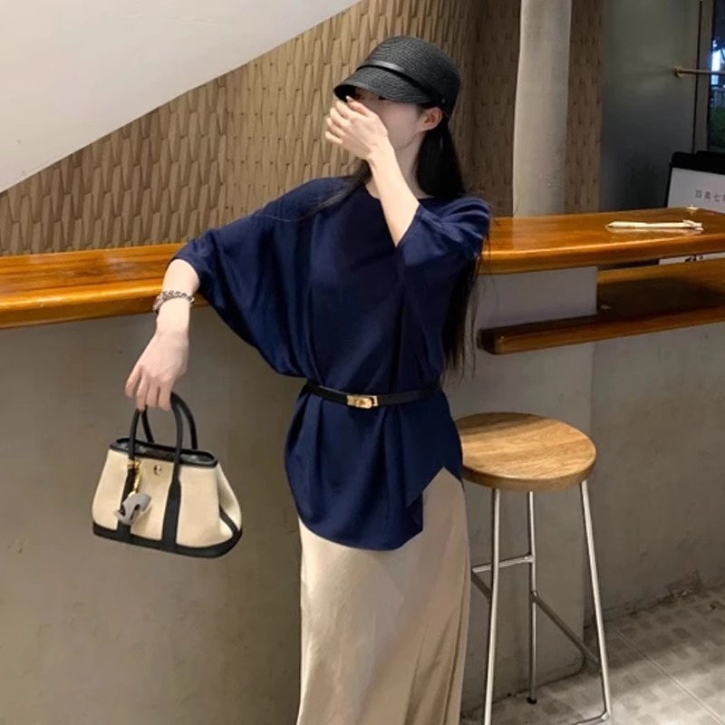 老钱风女装法式圆领冰丝短袖针织衫女夏季超好看独特漂亮宽松上衣