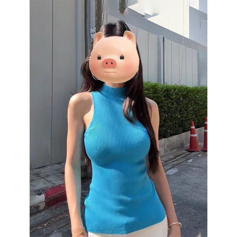 蓝色立领针织吊带背心女夏外穿2025新款修身显瘦辣妹无袖内搭上衣