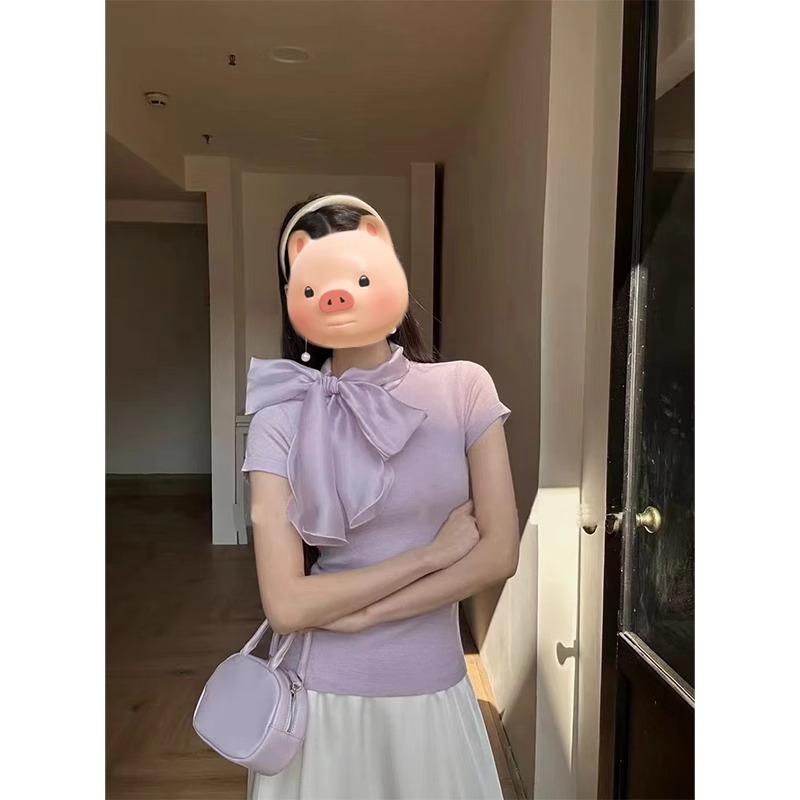 紫色缎面蝴蝶结系带正肩短袖T恤女夏季修身设计感小众针织衫上衣
