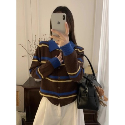 撞色条纹翻领毛衣开衫女秋冬宽松