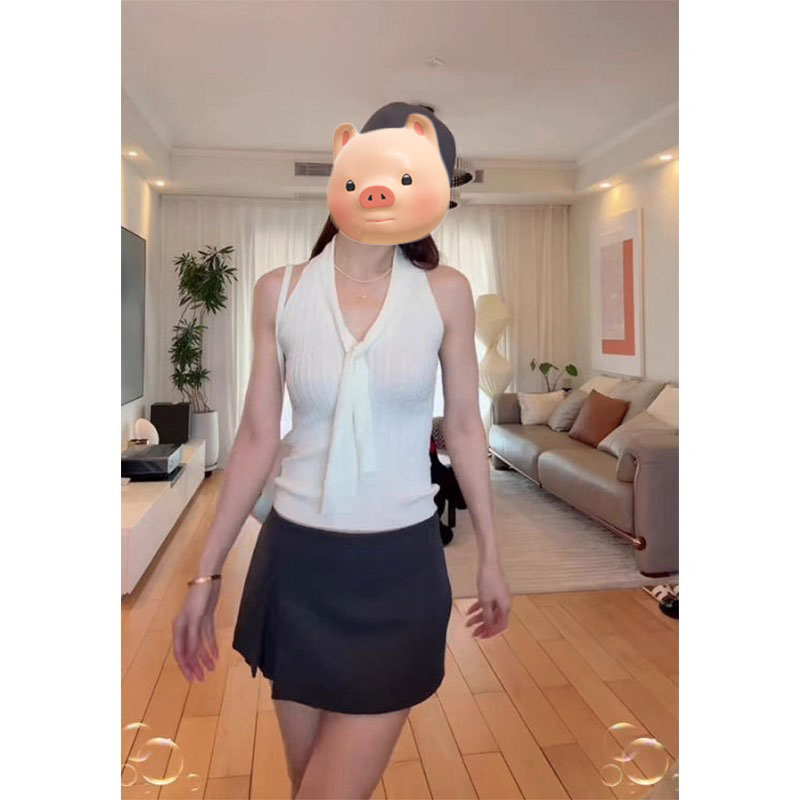 白色V领挂脖针织吊带背心女夏外穿修身辣妹短款后背蕾丝拼接上衣