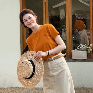 小上衣 圆领正肩小马刺绣橘色短袖 T恤女夏季 独特别致绝美修身 短款