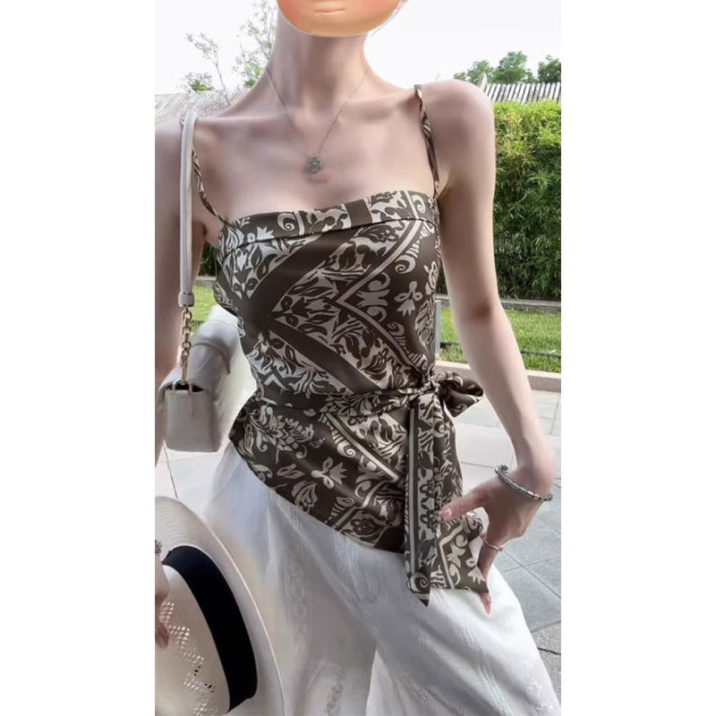 老钱风穿搭法式抹胸印花吊带背心女夏季外穿修身辣妹短款无袖上衣