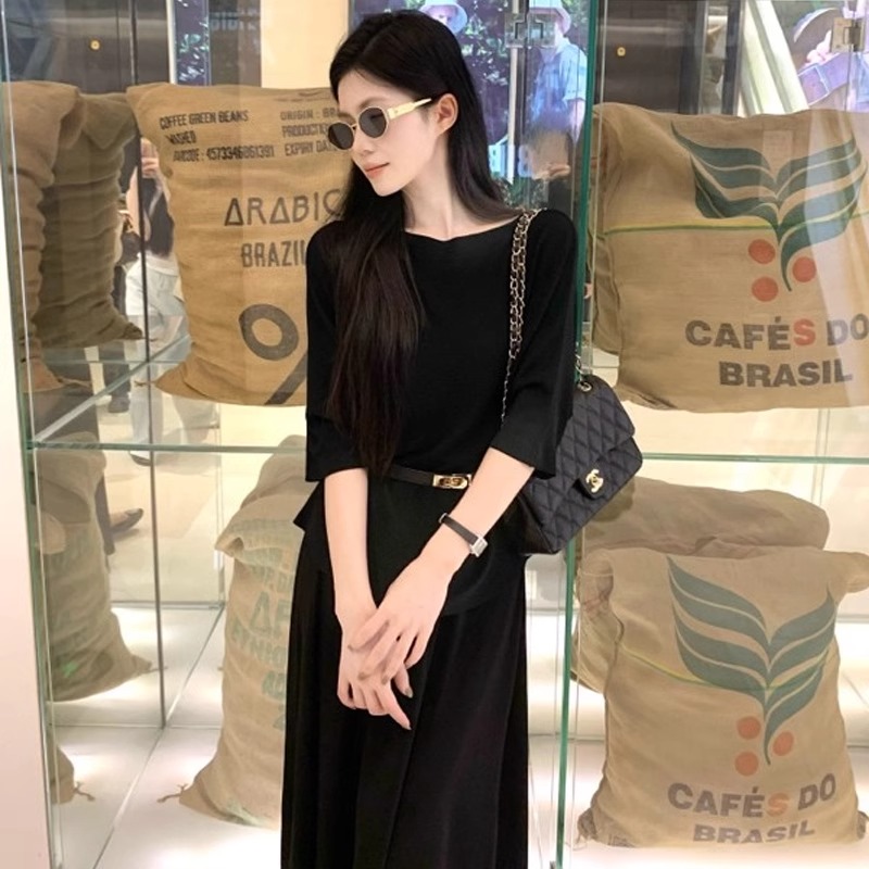 黑色冰丝短袖针织衫女夏季超好看独特漂亮老钱风女装穿搭收腰上衣