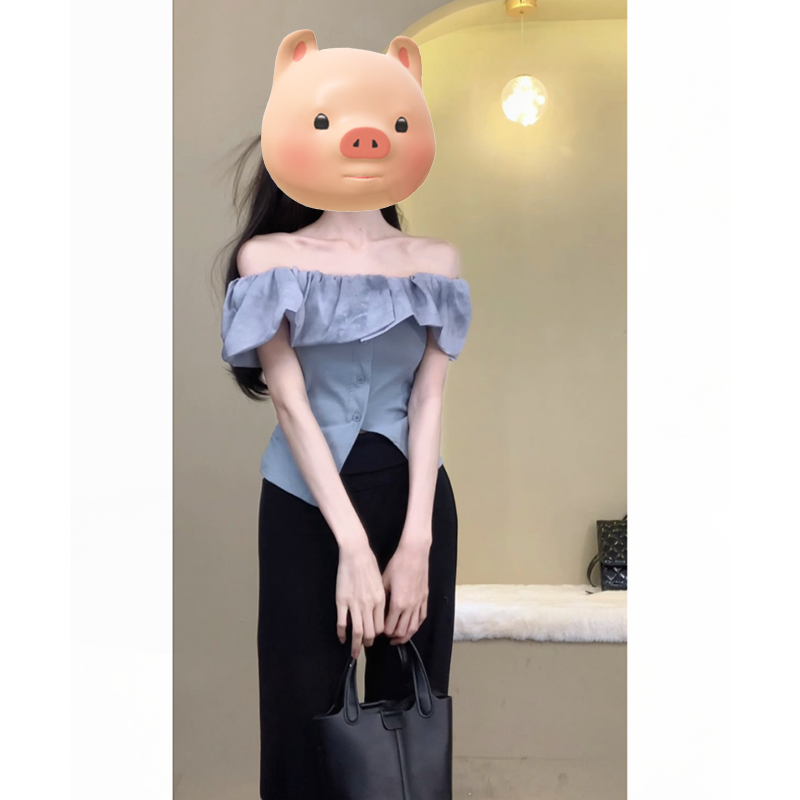 法式荷叶边蓝色一字肩短袖T恤女夏季修身露肩独特别致甜辣小上衣