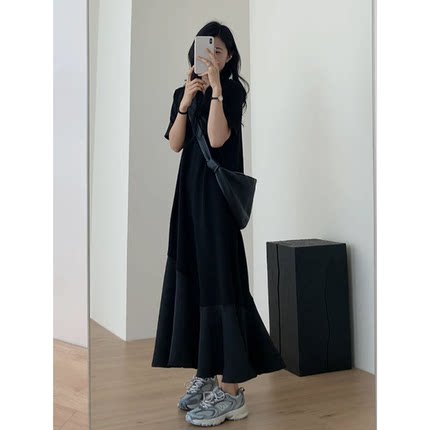 法式拼接黑色荷叶边短袖连衣裙女夏季赫本风小黑裙气质鱼尾长裙子