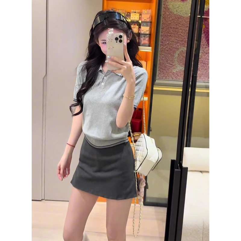 学院风灰色翻领正肩冰丝针织短袖T恤女夏季小个子修身polo衫上衣