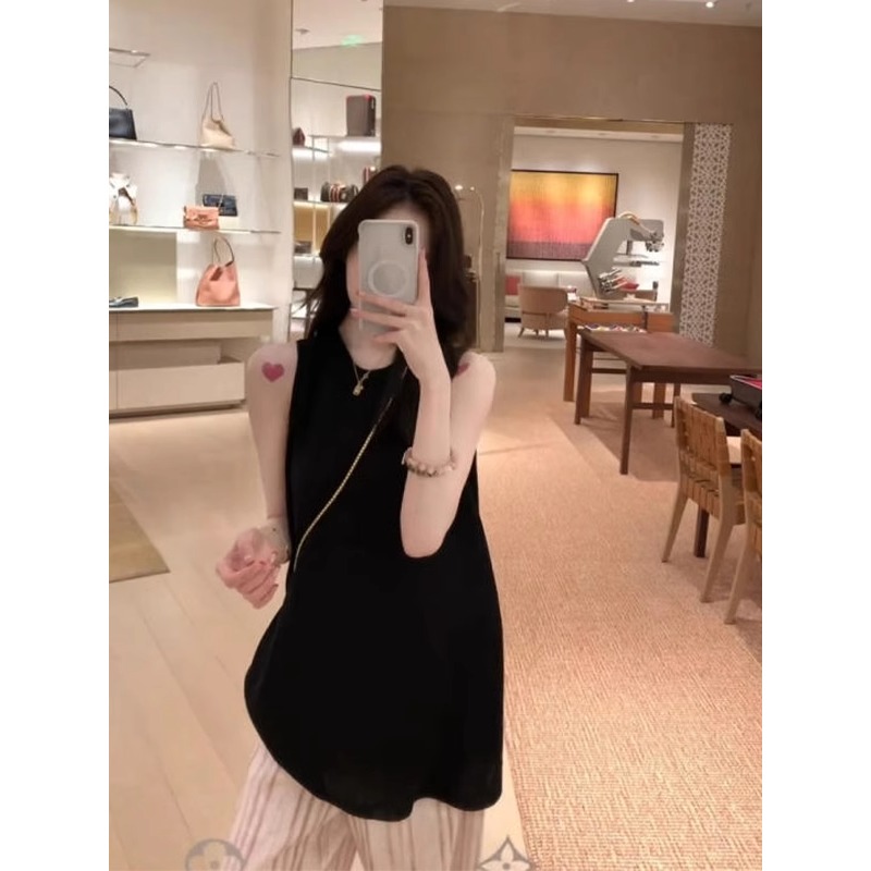老钱风穿搭法式天丝亚麻黑色圆领背心女夏外穿宽松中长款无袖上衣