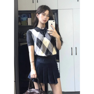 学院风撞色菱格冰丝针织衫 修身 美式 女夏季 T恤上衣 polo衫 正肩短袖