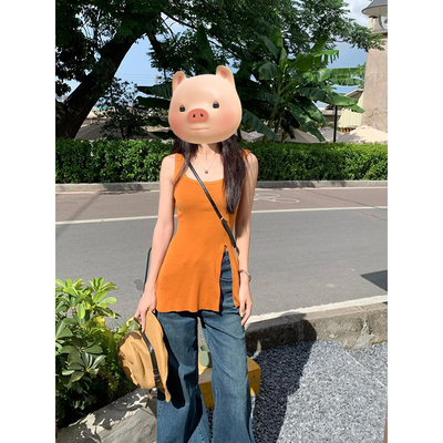 针织吊带背心开叉无袖上衣