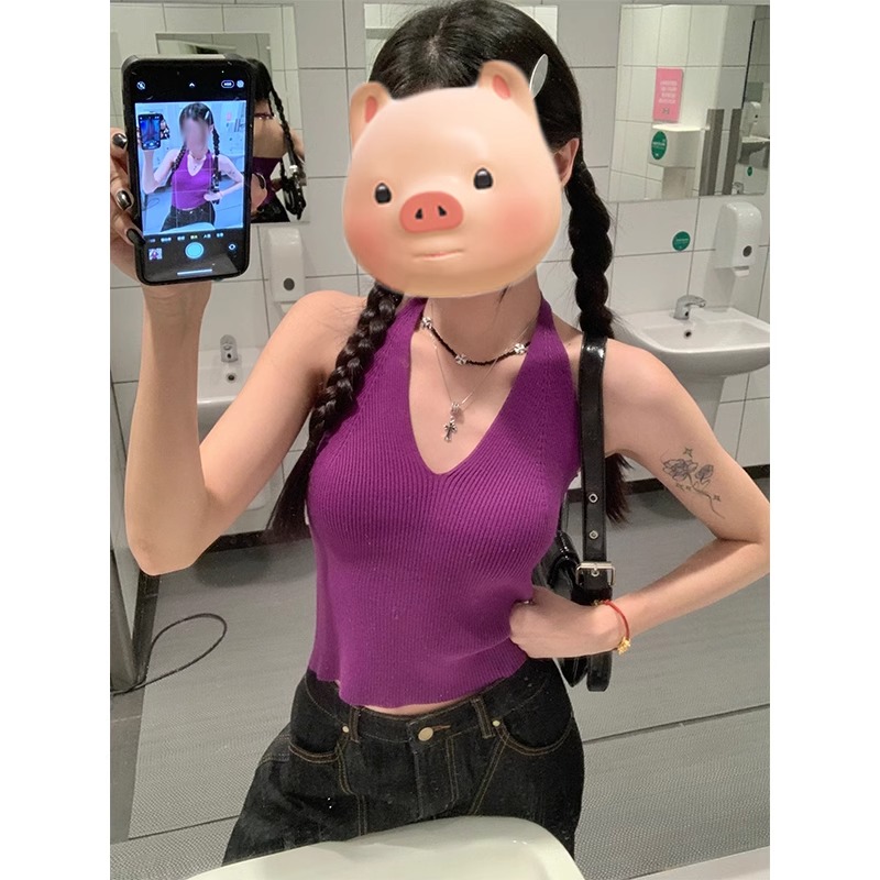 紫色V领冰丝针织挂脖吊带背心女夏外穿修身显瘦辣妹短款无袖上衣