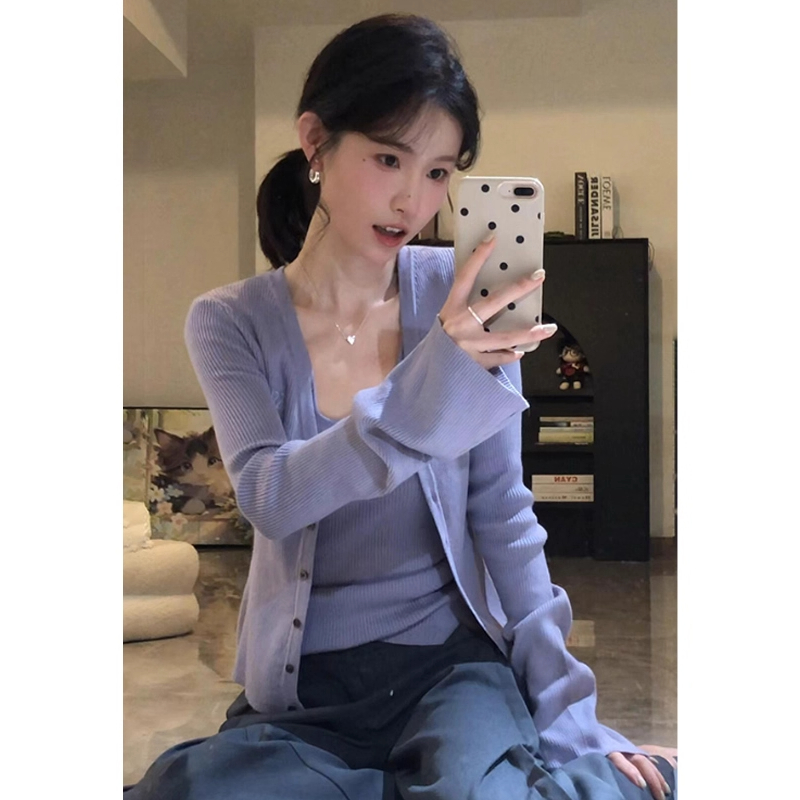 紫色开衫毛衣外套吊带上衣两件套