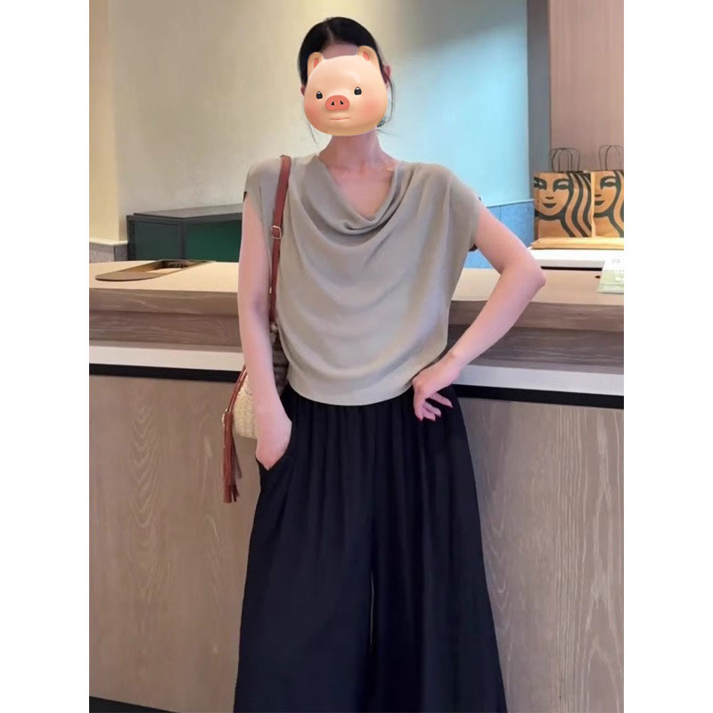 法式不规则荡领斜肩冰丝针织短袖T恤女夏季2025新款修身露肩上衣
