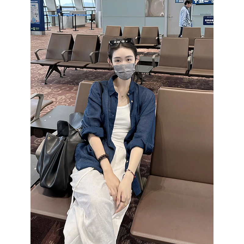 蓝色天丝亚麻防晒长袖衬衫女夏季薄款外搭衬衣外套高级感早春上衣