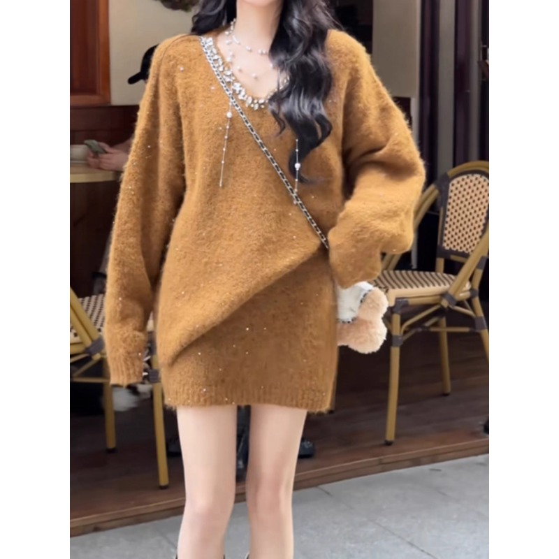 小香风V领亮片毛衣半身裙两件套