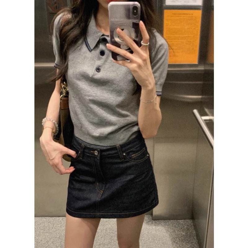 美式复古灰色翻领正肩短袖T恤女夏季2025新款修身短款polo衫上衣