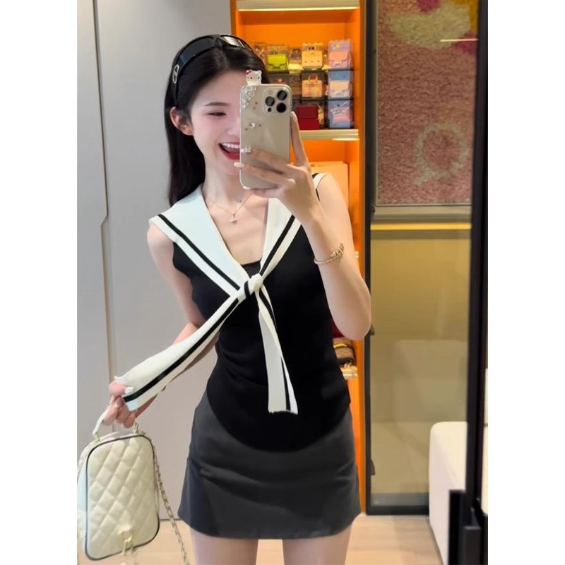 学院风撞色海军领冰丝针织背心女夏外穿2025新款修身短款无袖上衣