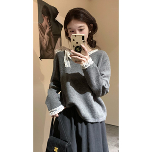 秋冬季 法式 蝴蝶結蕾絲系帶灰色毛衣女款 2025新款 上衣 慵懶風針織衫