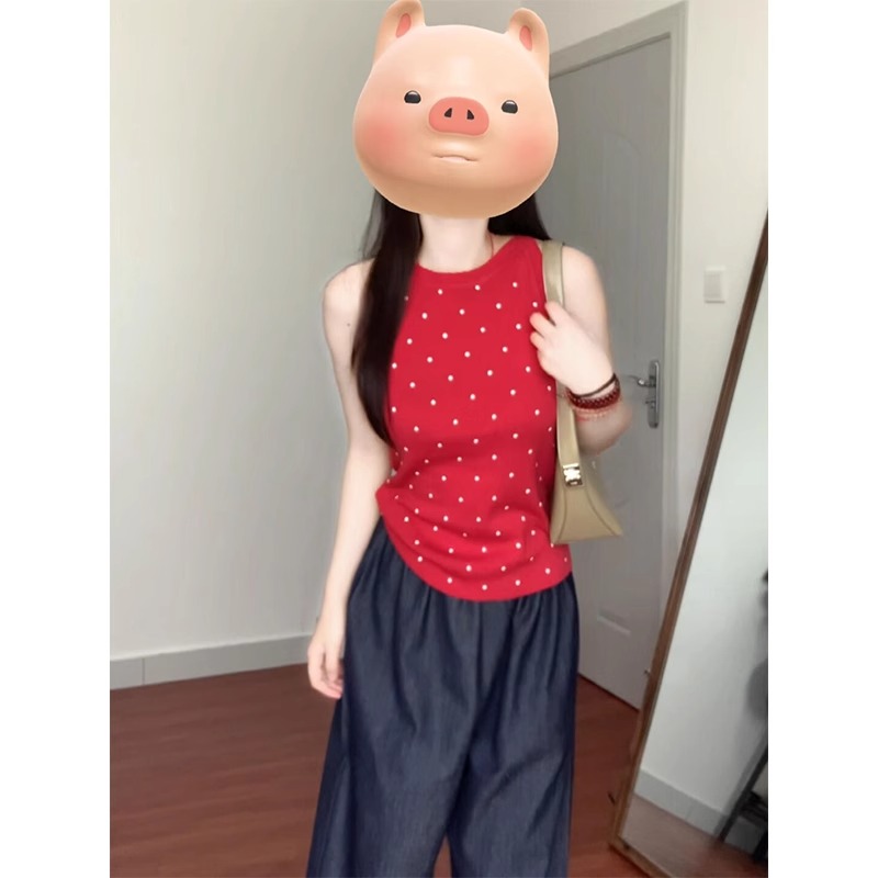 红色波点针织吊带背心女夏外穿2025新款修身辣妹短款无袖内搭上衣