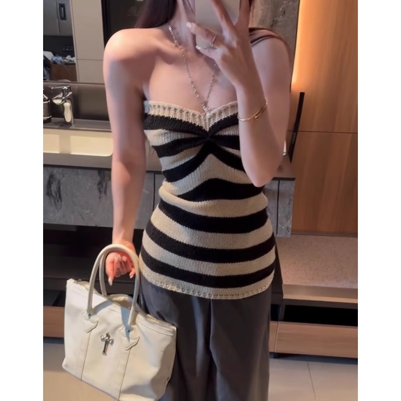 撞色条纹一字肩冰丝针织抹胸背心女夏季外穿修身辣妹露肩无袖上衣
