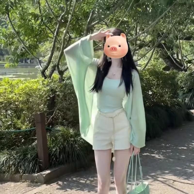 绿色薄款冰丝防晒针织开衫女夏季吊带外搭短款披肩坎肩空调衫上衣