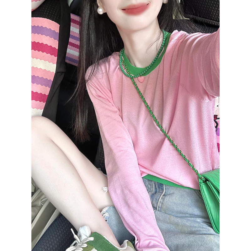 多巴胺穿搭粉色冰丝针织衫女夏季薄款外搭罩衫空调衫法式绝美上衣