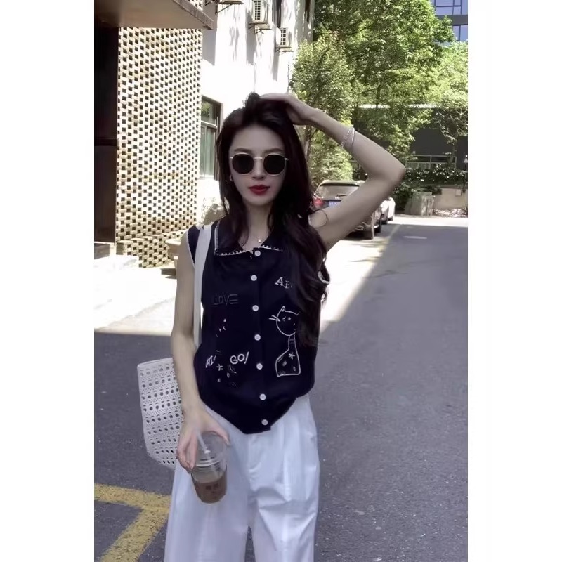 法式翻领刺绣冰丝针织背心女