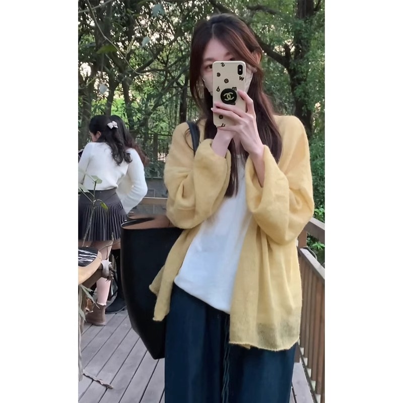 黄色冰丝防晒针织开衫女夏季宽松薄款外搭开春ootd多巴胺穿搭上衣