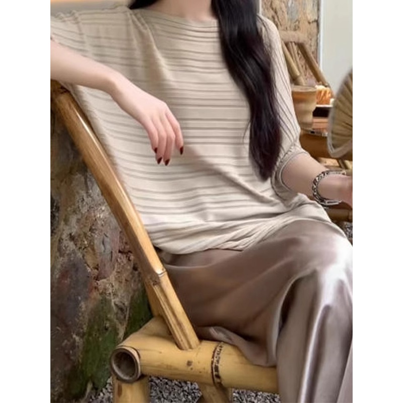 法式冰丝亚麻针织短袖T恤女