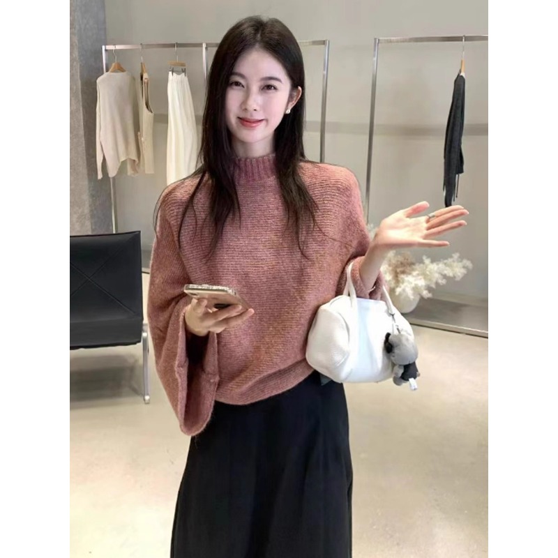 粉色圆领套头毛衣女秋冬宽松上衣