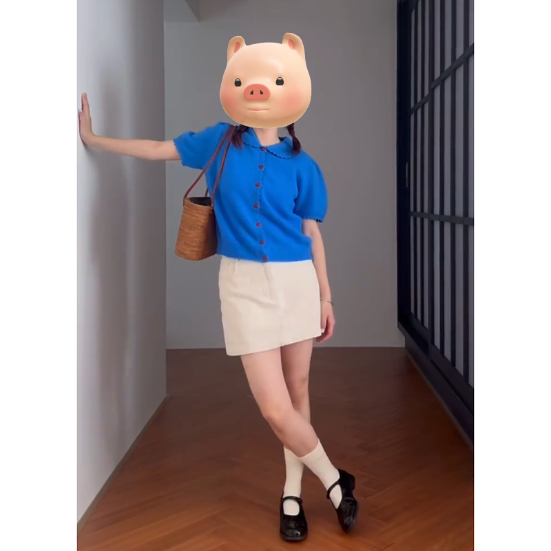 蓝色娃娃领正肩冰丝针织短袖T恤女夏季独特别致修身翻领开衫上衣