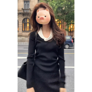 修身 小香风法式 女秋冬季 针织打底衫 显瘦内搭毛衣上衣 V领黑色长袖