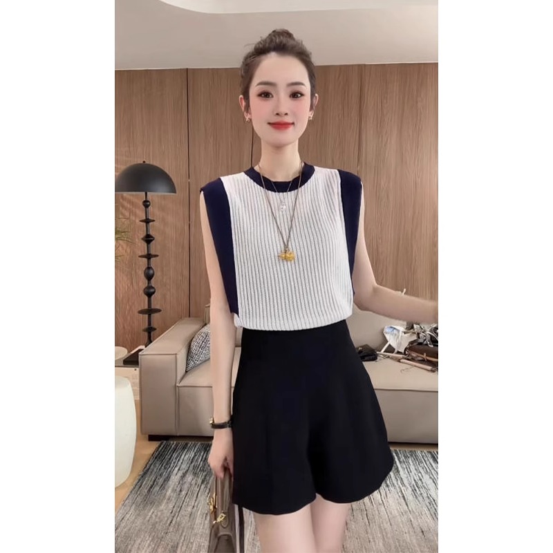 撞色拼接圆领镂空冰丝亚麻针织背心女夏外穿薄款宽松无袖马甲上衣