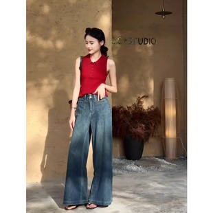 上衣 红色polo领冰丝针织背心女夏季 外穿2025新款 修身 辣妹翻领无袖