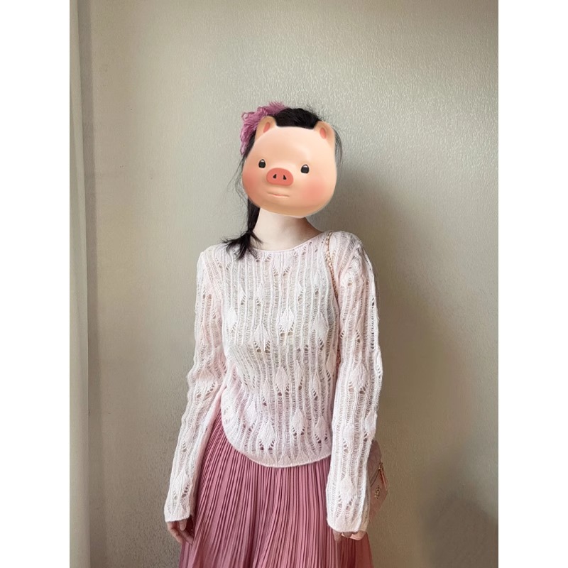 法式镂空粉色冰丝长袖针织衫女夏季薄款吊带外搭宽松空调罩衫上衣