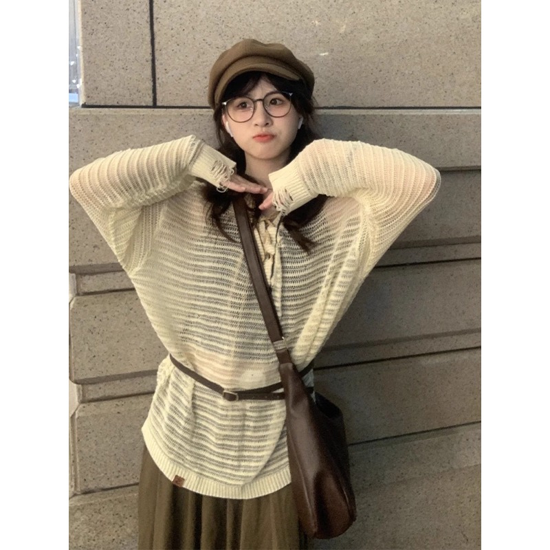 法式V领镂空冰丝针织衫女夏季薄款外搭防晒罩衫中长款空调衫上衣