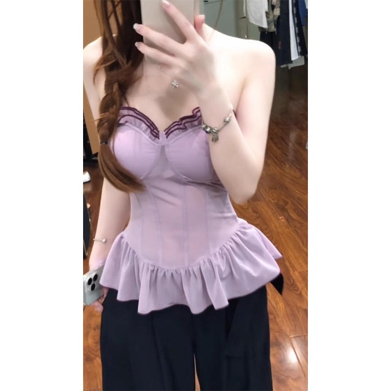 法式网纱拼接紫色抹胸背心女夏外穿修身显瘦纯欲辣妹短款无袖上衣