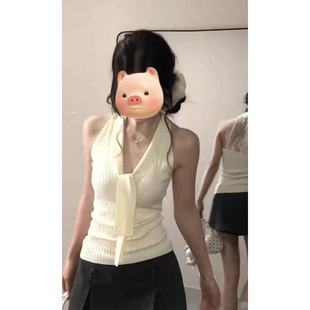 上衣 法式 V领蕾丝拼接挂脖吊带背心女夏外穿修身 辣妹显瘦短款 无袖