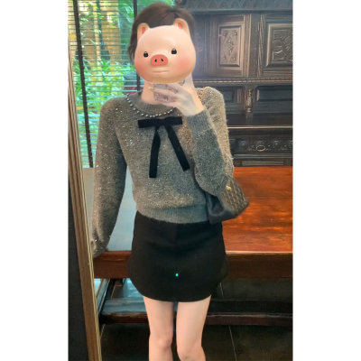 重工小香风蝴蝶结亮闪灰色毛衣