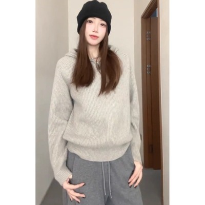 卡其色套头半拉链连帽毛衣女秋冬
