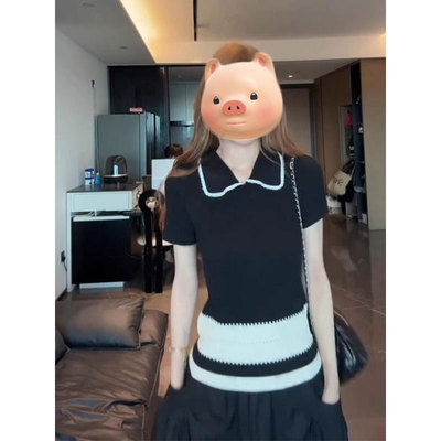 翻领正肩黑色冰丝针织短袖T恤