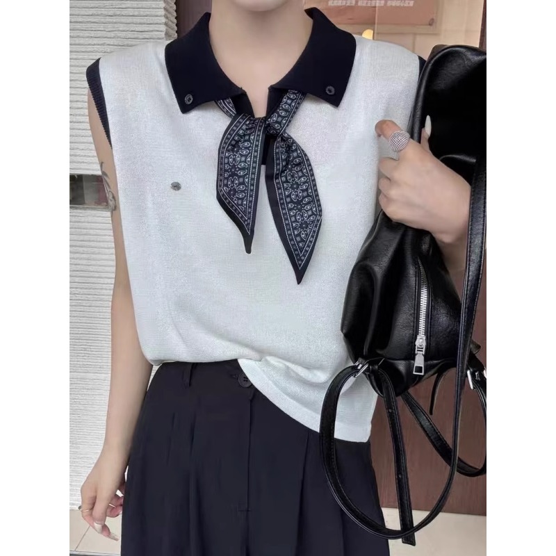 撞色翻领丝巾系带针织背心女夏季外穿修身显瘦短款无袖polo衫上衣