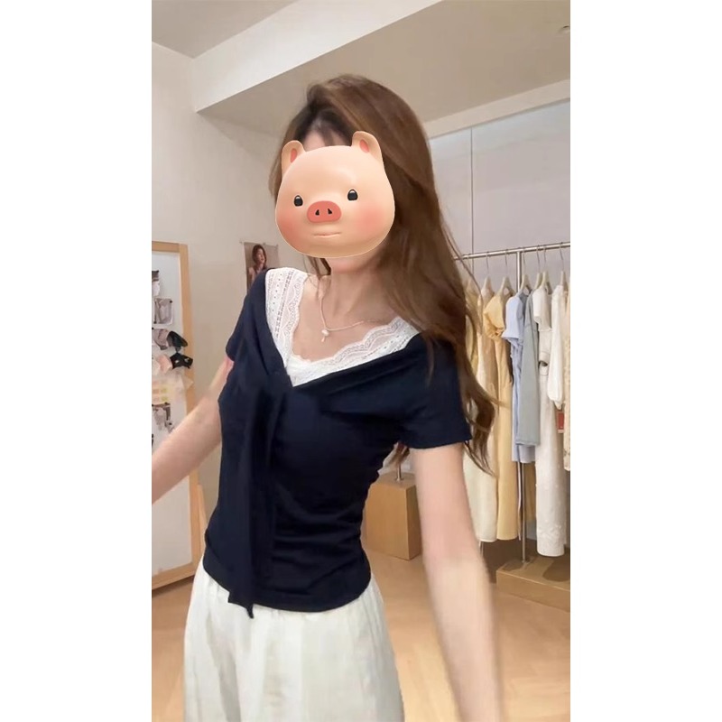 法式V领蕾丝拼接蝴蝶结假两件正肩短袖T恤女夏季修身显瘦短款上衣