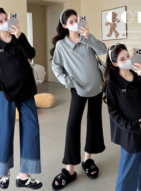 孕妇装2025秋季新款外穿灰色休闲POLO领上衣春秋宽松显瘦长袖T恤