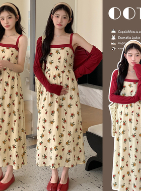 孕妇连衣裙套装春夏秋季薄款宽松碎花吊带裙外穿修身红色防晒开衫