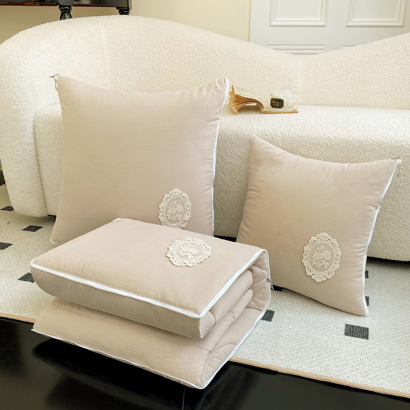 2026新款春夏法式极简木棉抱枕被子汽车靠垫枕头办公室午睡空调被