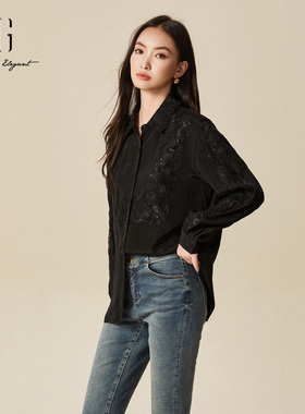 XG雪歌重工刺绣黑色衬衫女2024冬季新款百搭显瘦衬衣XJ421019A390