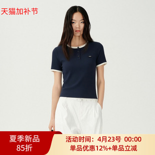 XG/雪歌26夏撞色短袖T恤女圆领修身打底上衣通勤穿搭XM201522A828